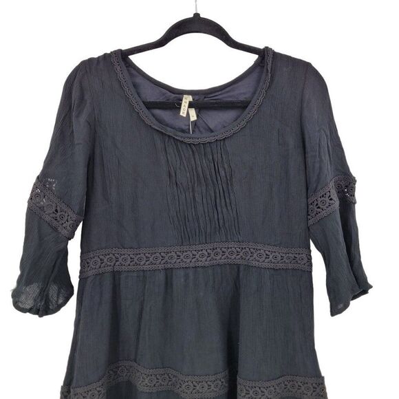 Roper Dress M Black Tiered Textured Lace Baby Doll‎ Half Sleeve Mini Full Boho - Picture 4 of 11